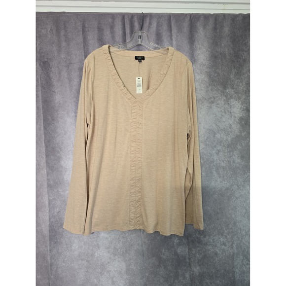 Talbots Tops - NWT Talbots Woman 3X Tan Beige Ruched Trim V-Neck Long Sleeve Slub Top
